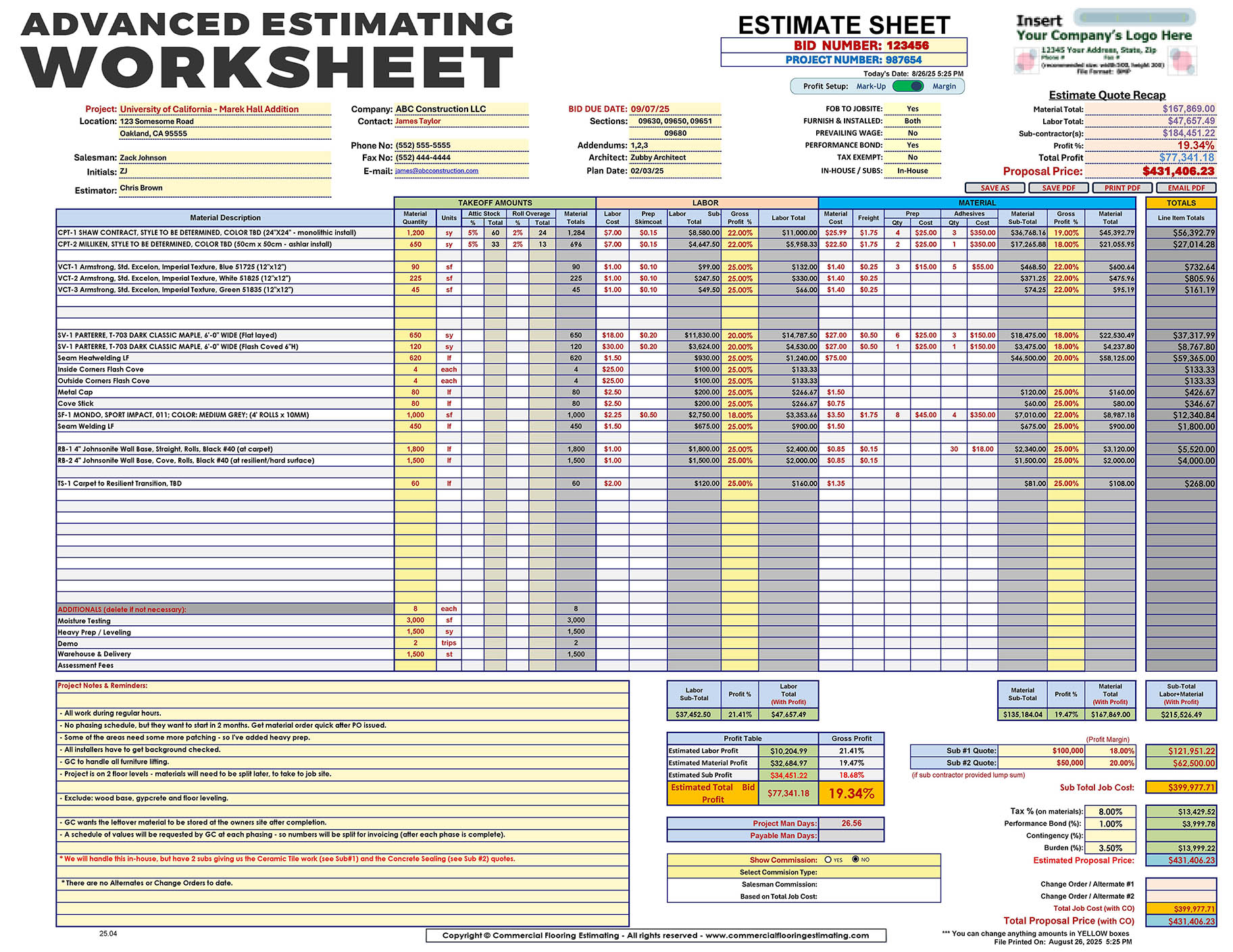 Advanced Estimating Worksheet Screenshot